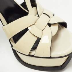Saint Laurent White Patent Leather Tribute Platform Ankle Strap Sandals Size 37