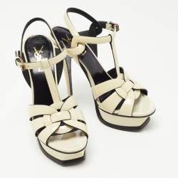 Saint Laurent White Patent Leather Tribute Platform Ankle Strap Sandals Size 37