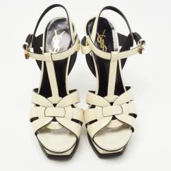 Saint Laurent White Patent Leather Tribute Platform Ankle Strap Sandals Size 37