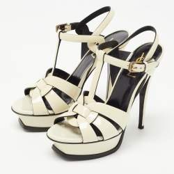 Saint Laurent White Patent Leather Tribute Platform Ankle Strap Sandals Size 37