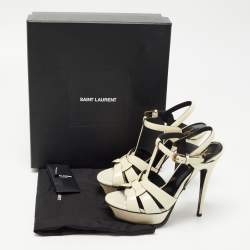 Saint Laurent White Patent Leather Tribute Platform Ankle Strap Sandals Size 37