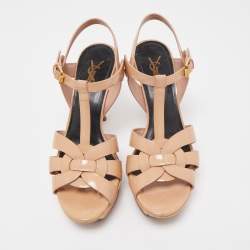 Pre Owned Saint Laurent Beige Patent Leather Tribute Sandals Size 37