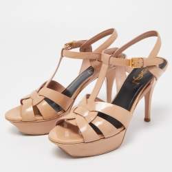 Pre Owned Saint Laurent Beige Patent Leather Tribute Sandals Size 37