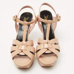 Pre Owned Saint Laurent Beige Patent Leather Tribute Sandals Size 38.5