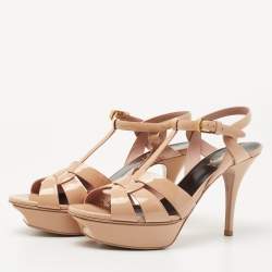 Pre Owned Saint Laurent Beige Patent Leather Tribute Sandals Size 38.5
