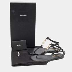 Saint Laurent Black Leather Logo T Bar Ankle Strap Flat Sandals Size 35