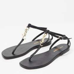 Saint Laurent Black Leather Logo T Bar Ankle Strap Flat Sandals Size 35