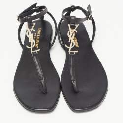 Saint Laurent Black Leather Logo T Bar Ankle Strap Flat Sandals Size 35