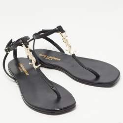 Saint Laurent Black Leather Logo T Bar Ankle Strap Flat Sandals Size 35