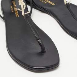Saint Laurent Black Leather Logo T Bar Ankle Strap Flat Sandals Size 35
