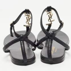 Saint Laurent Black Leather Logo T Bar Ankle Strap Flat Sandals Size 35