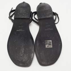 Saint Laurent Black Leather Logo T Bar Ankle Strap Flat Sandals Size 35