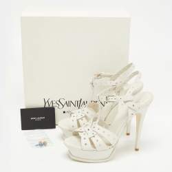 Pre Owned Saint Laurent White Perforated Leather Tribute Ankle Strap Platform Sandals Size 37.5