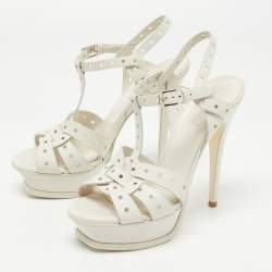 Pre Owned Saint Laurent White Perforated Leather Tribute Ankle Strap Platform Sandals Size 37.5