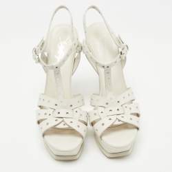 Pre Owned Saint Laurent White Perforated Leather Tribute Ankle Strap Platform Sandals Size 37.5