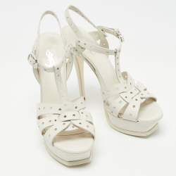 Pre Owned Saint Laurent White Perforated Leather Tribute Ankle Strap Platform Sandals Size 37.5