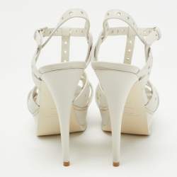 Pre Owned Saint Laurent White Perforated Leather Tribute Ankle Strap Platform Sandals Size 37.5
