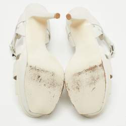 Pre Owned Saint Laurent White Perforated Leather Tribute Ankle Strap Platform Sandals Size 37.5
