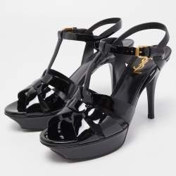 Saint Laurent Paris Black Leather Tribute Platform Ankle Strap Sandals Size 38