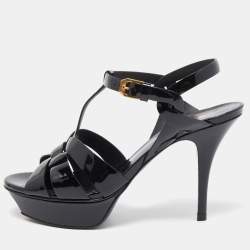 Saint Laurent Paris Black Leather Tribute Platform Ankle Strap Sandals Size 38