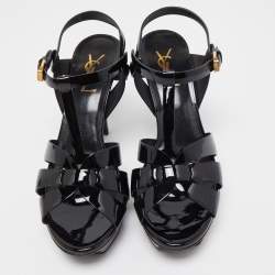 Saint Laurent Paris Black Leather Tribute Platform Ankle Strap Sandals Size 38
