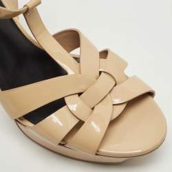 Pre Owned Saint Laurent Beige Patent Leather Tribute Platform Sandals Size 39