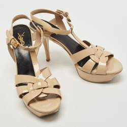 Pre Owned Saint Laurent Beige Patent Leather Tribute Platform Sandals Size 39