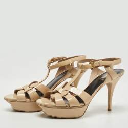 Pre Owned Saint Laurent Beige Patent Leather Tribute Platform Sandals Size 39