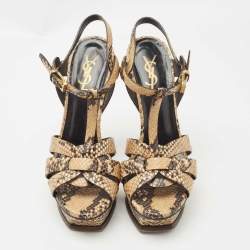 مملوكة مسبقًا Saint Laurent Brown Python Embossed Leather Tribute  Sandals Size 38