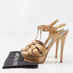 Saint Laurent Beige Patent Leather Tribute Ankle Strap Platform Sandals Size 37