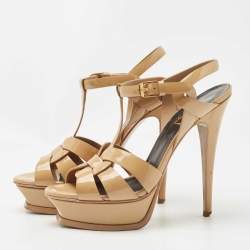 Saint Laurent Beige Patent Leather Tribute Ankle Strap Platform Sandals Size 37