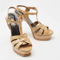 Saint Laurent Beige Patent Leather Tribute Ankle Strap Platform Sandals Size 37