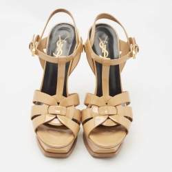 Saint Laurent Beige Patent Leather Tribute Ankle Strap Platform Sandals Size 37