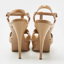 Saint Laurent Beige Patent Leather Tribute Ankle Strap Platform Sandals Size 37