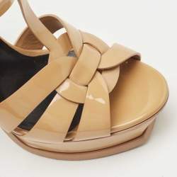 Saint Laurent Beige Patent Leather Tribute Ankle Strap Platform Sandals Size 37