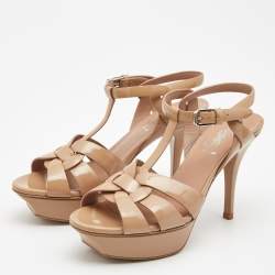 Pre Owned Saint Laurent Beige Patent Tribute Ankle Strap Sandals Size 36