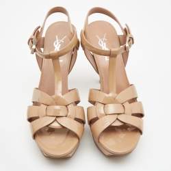 Pre Owned Saint Laurent Beige Patent Tribute Ankle Strap Sandals Size 36