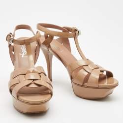 Pre Owned Saint Laurent Beige Patent Tribute Ankle Strap Sandals Size 36