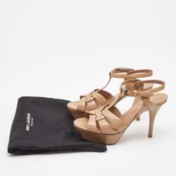 Pre Owned Saint Laurent Beige Patent Tribute Ankle Strap Sandals Size 36