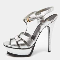 Pre Owned Saint Laurent Silver Leather Tribute Sandals Size 36.5
