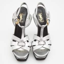 Pre Owned Saint Laurent Silver Leather Tribute Sandals Size 36.5