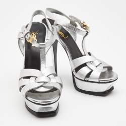 Pre Owned Saint Laurent Silver Leather Tribute Sandals Size 36.5