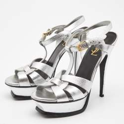 Pre Owned Saint Laurent Silver Leather Tribute Sandals Size 36.5