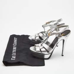 Pre Owned Saint Laurent Silver Leather Tribute Sandals Size 36.5