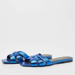 Pre Owned Saint Laurent Paris Blue Texture Leather Tribute Slide Flat Size 37.5