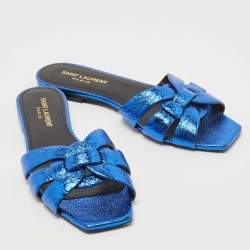 Pre Owned Saint Laurent Paris Blue Texture Leather Tribute Slide Flat Size 37.5