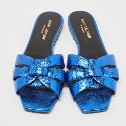 Pre Owned Saint Laurent Paris Blue Texture Leather Tribute Slide Flat Size 37.5