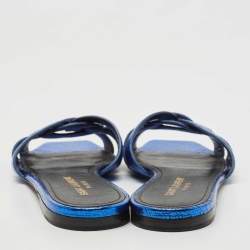 Pre Owned Saint Laurent Paris Blue Texture Leather Tribute Slide Flat Size 37.5
