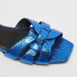 Pre Owned Saint Laurent Paris Blue Texture Leather Tribute Slide Flat Size 37.5