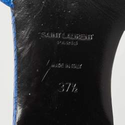 Pre Owned Saint Laurent Paris Blue Texture Leather Tribute Slide Flat Size 37.5